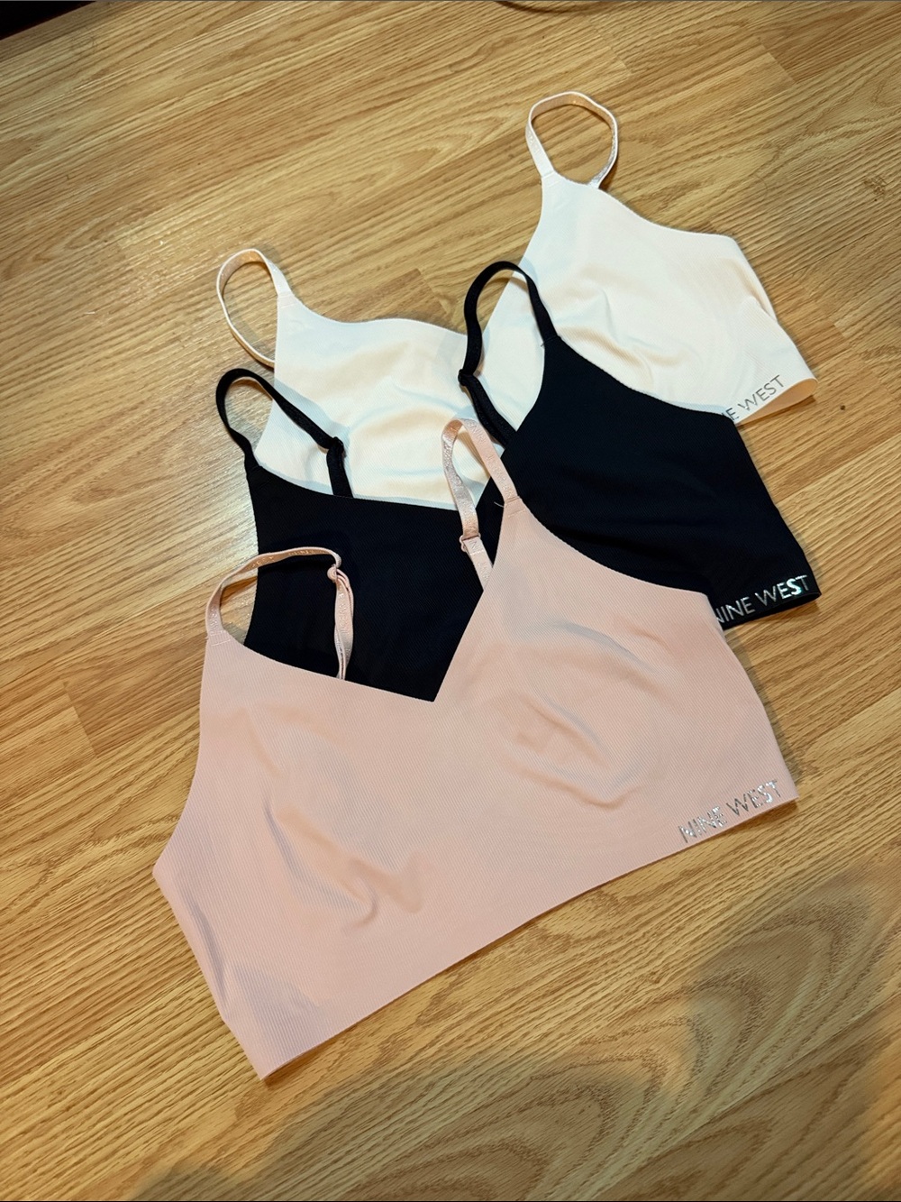 Nine West Ribbed Seamless V-Neck Bralettes - Pink, Black & White